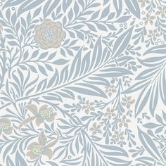 a blue and white floral wallpaper with leaves, flowers, and berries on it