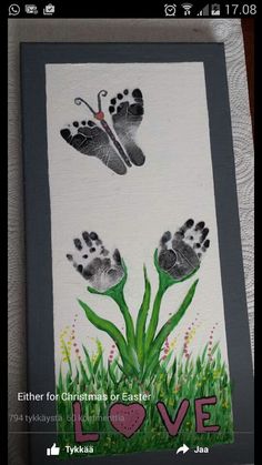 an image of two hand prints in the grass with butterflies flying above them on a facebook page