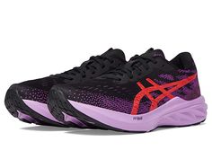 ASICS Dynablast 3 - Women's Shoes : Black/Red Alert : Run faster wearing the comfy ASICS Dynablast 3 sneakers. Engineered knit upper. Breathable fabric lining. Removable textile footbed. OrthoLite X-30 sockliner. Lace-up closure. Reflective details on the lateral sides. Round toe design. FF BLAST (FLYTEFOAM BLAST) is a lightweight, midsole foam with energetic and highly responsive cushioning and bounce. AHARPLUS rubber outsole. Imported. Weight of footwear is based on a single item, not a pair. Asics Women Shoes, Training Routine, Run Faster, Volleyball Shoes, Black Shoes Women, Asics Women, Road Running, How To Run Faster, Shoes Black