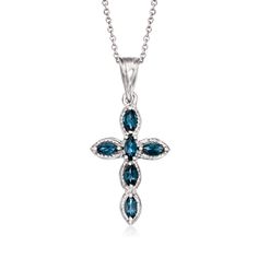 Ross-Simons - .90ct t. w. London Blue Topaz Cross Pendant Necklace. 18". Expressive .90 ct. t. w. marquise London blue topaz gems adorn this beautiful cross pendant necklace, set in polished sterling silver and suspended from a cable chain. For a person of faith, it would make a special signature December birthstone piece or gift for a religious milestone. Springring clasp, London blue topaz cross pendant necklace. Blue Topaz birthstones are the perfect gift for December birthdays. Topaz Birthstone, Beautiful Cross, Necklace Blue, Cross Jewelry, December Birthstone, Cross Pendant Necklace, London Blue Topaz, London Blue, Cable Chain