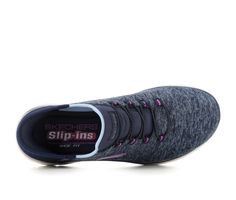 Pick up the pace with increased ease-of-wear and superior comfort wearing Slip-ins: Summits. Designed with a Heel Pillow, this vegan style features a soft heathered jersey knit upper with fixed stretch laces and a cushioned Air-Cooled Memory Foam comfort insole. Soft knit upper with cushioned Comfort Pillow™ heel, Easy step-in entry with Skechers Hands Free Slip-ins™ TOUCHLESS FIT™ design, Cushioned Air-Cooled Memory Foam® insole with fabric lining, Sculpted foam midsole and durable outsole, Ske Vegan Style, Navy Purple, Vegan Fashion, Shoe Carnival, Skechers Women, Stretch Lace, Slip On Sneakers, Soft Knits, Knit Jersey