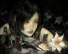 a digital painting of a woman holding a knife next to a white flower and bottle