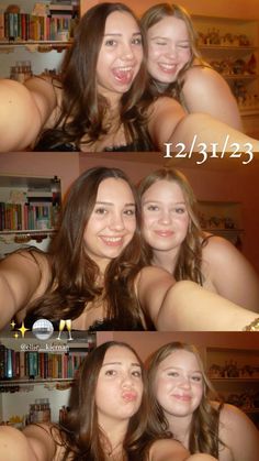 two girls are posing for the camera in front of bookshelves with their arms around each other