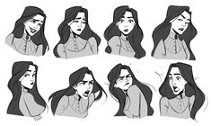 various poses of a woman's face with different facial expressions and hair, from the shoulders up to the head