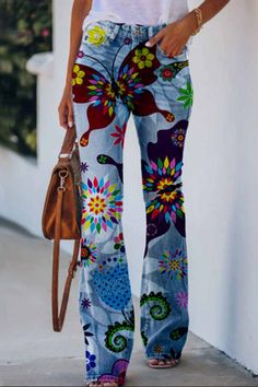 High Rise Flare Pants, Streetwear Sweatpants, Casual Sweatpants, Pola Sulam, Loose Trousers, Floral Butterfly, Pants Womens, Loose Pants, Floral Pants