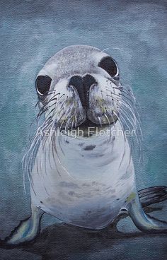 an oil painting of a sea lion on a blue background with the caption's name