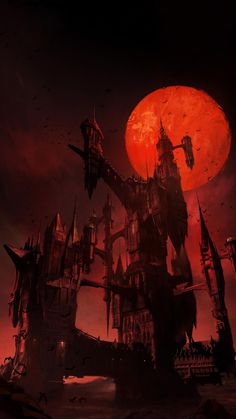 an image of a castle in the sky at night with blood moon and bats flying over it