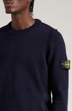 Stone Island's adventure-ready aesthetic is evident in the warm wool blend and military-inspired compass logo branding this cozy crewneck sweater. 27" length (size Medium) Crewneck Long sleeves 80% wool, 20% polyamide Dry clean or hand wash, dry flat Imported Designer Clothing Casual Winter Sweater With Logo Patch, Winter Crew Neck Sweater With Logo Patch, Crew Neck Sweater With Logo Patch For Winter, Crew Neck Sweater With Logo Patch For Fall, Fall Crew Neck Sweater With Logo Patch, Ready Aesthetic, Compass Logo, Military Inspired, Beige Sweater