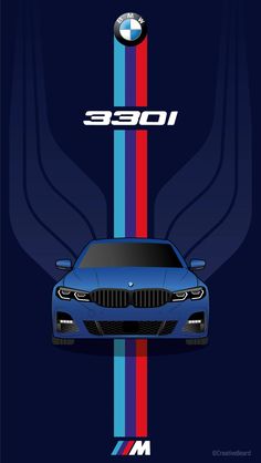 the front end of a blue bmw car with red, white and blue stripes on it