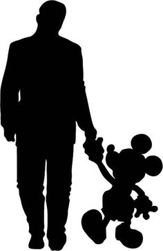 a man holding the hand of a mickey mouse silhouetted against a white background,