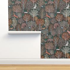 an image of a wallpaper with trees and animals on it's side by the door