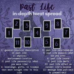 a purple poster with numbers and words on it that say, past life in depth tarot spread