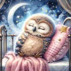 an owl sleeping on top of a pink pillow in front of a night sky with stars