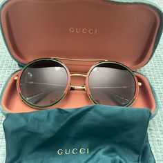 Authentic Gucci Rounds Gently Loved With Case And Dust Bag. Worn Only Once Gucci Accessories, Colored Sunglasses, Glasses Accessories, Green Gold, Green And Gold, Round Sunglasses, Dust Bag, Women Accessories, Gucci