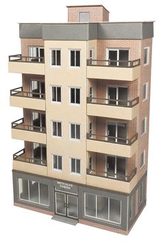 an apartment building with balconies and windows on the second floor is made out of cardboard