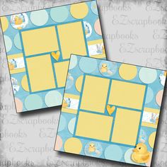 two squares with yellow rubber ducks and blue polka dots on them, one has a heart in the middle