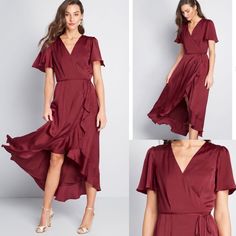 Modcloth Wine/Maroon Wrap Dress Size Xxs 00/0 Gorgeous Ruffled Hem Burgundy Fitted Short Sleeve Maxi Dress, Fitted Burgundy Maxi Dress With Short Sleeves, Burgundy Short Sleeve Dress For Date Night, Chic Short Sleeve Burgundy Dress, Chic Burgundy Short Sleeve Dress, Maroon Maxi Dress, Mod Cloth Dresses, Modcloth Dresses, Satin Maxi