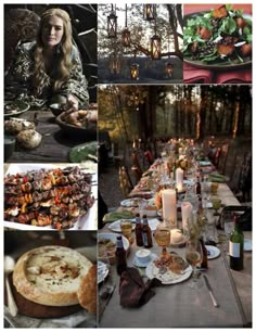 a collage of photos with food and wine