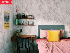 a bedroom with a bed, desk and shelves on the wall next to each other