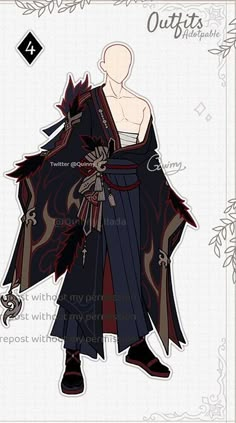 Genshin Oc Outfit Ideas Male, Anime Outfit Ideas Drawing, Genshin Male Outfits, Fantasy Mens Clothes Drawing, Fantasy Villain Outfit Male, Male Fantasy Outfit Drawing, Male Fantasy Clothing Design Black, Samurai Outfit Drawing, Character Outfits Drawing Male