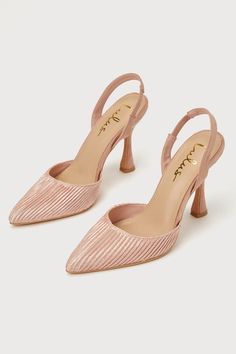 Creating iconic 'fits is always a breeze when you have the Lulus Rhoads Rose Gold Pleated Satin Pointed-Toe Slingback Pumps at arms reach! These stunning pumps feature a pleated satin pointed-toe upper with a low-cut collar and soft faux-suede that shapes a slender slingback strap (with elastic at the side for fit) and a stunning sculpted heel. 4" sculpted heel. Cushioned insole. Felted rubber sole has nonskid markings. Man made materials. Imported. Lulus | Rhoads Rose Gold Pleated Satin Pointed Formal Shoes For Women, Rose Gold Pumps, Homecoming Shoes, Closet Candy, Wedding Guest Shoes, Lulu Fashion, Only Shoes, Evening Shoes, Pretty Shoes