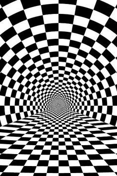 black and white checkerboard pattern with an optical illusional design in the center