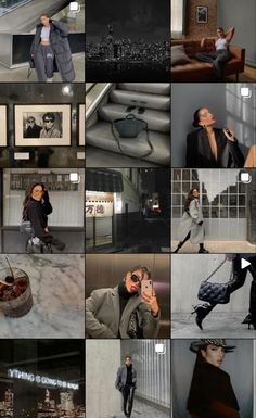 the collage shows many different images of people in black and white outfits, with one woman