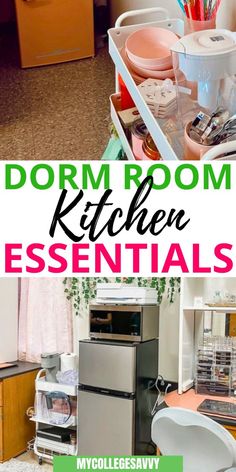 the dorm room kitchen essentials are organized and ready to be used as an office space