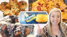 a woman holding up a box of cranberry danish pastries next to pictures of baked goods