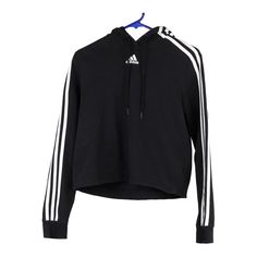 Vintage black Adidas Hoodie - womens small Black Sporty Hoodie With Three Stripes Branding, Cotton Hoodie With Three Stripes Long Sleeve, Black Athleisure Hoodie With Three Stripes Branding, Black Hoodie With Three Stripes For Streetwear, Black Three Stripes Hoodie For Streetwear, Sporty Black Hoodie With Three Stripes, Cotton Hoodie With Three Stripes For Fall, Black Hooded Sweatshirt With Three Stripes, Black Three Stripes Sweatshirt For Winter