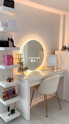 a white desk with a mirror on top of it next to shelves filled with cosmetics