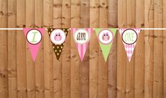 a wooden fence with some pink and green pennants hanging from it's sides