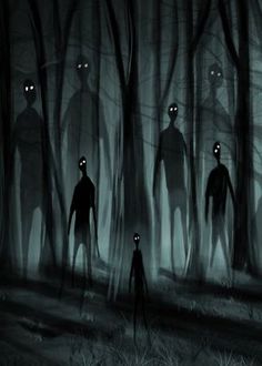 three creepy people standing in the woods with their eyes open and glowing behind them are trees