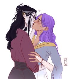 two women are kissing each other while one is wearing purple hair and the other has black hair