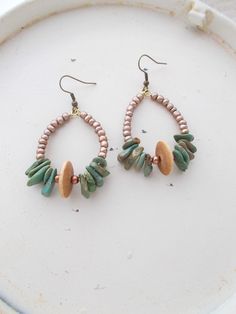 Ryolite chips Copper spacers Wood beads Bronze galvanized seed beads Brass ear ware Measuring approximately 2.5" Wood Bead Earrings, Seed Beads Earrings, Beads Earrings, Beaded Wraps, Seed Bead Earrings, Bead Earrings, Wood Beads, Beaded Earrings, Seed Beads