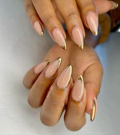 Almond French White Nails, Almond Shape Gold French Tip, Almond Nails With Chrome Tips, French Gold Tips, Fun Almond Shaped Nails, Almond Nails With Gold Tips, Almond Overlay Nails, Almond Nails For Black Women, Gold Almond French Tip Nails