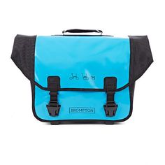 a blue and black messenger bag with two wheels on the front, one for bicycles