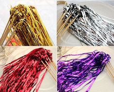 four different colors of tinsel wrapped straws on a white plate with gold, silver, and pink