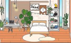 a drawing of a bedroom with plants in the corner