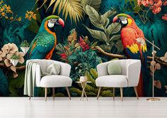 two parrots are sitting in front of a tropical wall mural