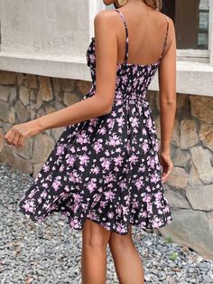 SHEIN Frenchy Women's Summer Romantic Wedding Floral Print Ruched Bust Cami Dress Vacation Cute Short Dress | SHEIN USA Sleeveless Sundress With Ruched Bodice For Garden Party, Sleeveless Dress With Smocked Back For Wedding, Sleeveless Ruched Sundress For Garden Party, Pink Sleeveless Ruched Sundress, Pink Ruched Sleeveless Sundress, Short Black Dress, Dress Vacation, Cute Short Dresses, Black Short Dress