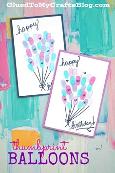 two cards with balloons and happy birthday written on them