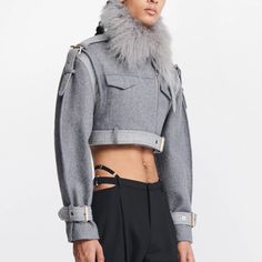 Nwt Sold Out Everywhere Luxury Gray Long Sleeve Outerwear, Luxury Fitted Silver Outerwear, Luxury Long Sleeve Cropped Jacket For Winter, Luxury Silver Outerwear For Winter, Silver Winter Outerwear For Work, Lee Jacket, Aviators Women, Dion Lee, Cropped Jacket