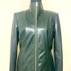 Questions? Leave A Comment Below! Fitted Outerwear With Zipper Closure In Solid Color, Fitted Solid Outerwear With Zipper Closure, Fitted Faux Leather Outerwear For Fall, Fitted Faux Leather Jacket, Green Leather Jacket For Work In Fall, Fitted Green Outerwear For Fall, Fitted Green Leather Jacket With Zipper, Fitted Green Leather Jacket With Zipper Closure, Green Fitted Leather Jacket With Zipper Closure