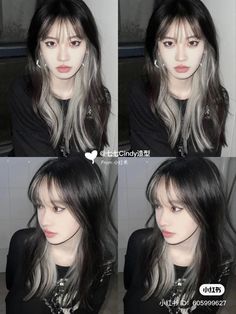 Grey Strands Hair, Black Hair Gray Underneath, Ash Blonde And Blue Hair, White Underneath Black Hair, Peekaboo Hair White And Black, Kpop Dyed Hair Ideas, White And Black Hair With Bangs, Hair Color Ideas Gray Silver Ombre, Black Hair And White Bangs