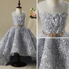 Chic / Beautiful Church Wedding Party Dresses 2017 Flower Girl Dresses Silver Ball Gown Asymmetrical Scoop Neck Sleeveless Rhinestone Metal Sash Appliques Flower Flower Girl Silver Dresses, Silver Ball Gown, Beautiful Church Wedding, Gray Flower Girl, Bday Dress, Dresses Silver, Blush Flower Girl Dresses, Baby Girl Frocks, Kids Dresses