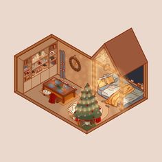 an open house with a christmas tree in the living room and bedroom area, as seen from above