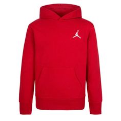 Iconic Jumpman Logo Embroidery Brings An Extra Touch Of Cool, Sporty Style To This Pullover Hoodie From Jordan. Designed In Lightweight Brushed Fleece, This Hoodie Is A Comfy Essential. Ribbed Hem Front Kangaroo Pocket Long Sleeves With Ribbed Cuffs Jumpman Logo Embroidery At Left Chest Hood Relaxed, Dropped Shoulders Color: Gym Red Jordan Hoodies, Air Jordan Red, Hoodie Jordan, Jordan Sweatshirt, Mens Yoga Clothes, Crossover Sweater, Jordan Boys, Jordan Essentials, Red Jordans