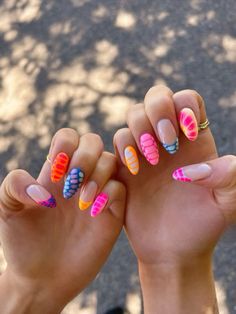 Funky Nail Art Trendy Summer, Rush Nails Sorority, Funky Beach Nails, Summer Funky Nails, Cute Funky Nails Summer, Mismatch Nail Designs, Groovy One Nails, Florida Nails Designs, Europe Summer Nails