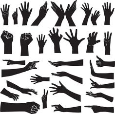 many hands with different gestures on white background